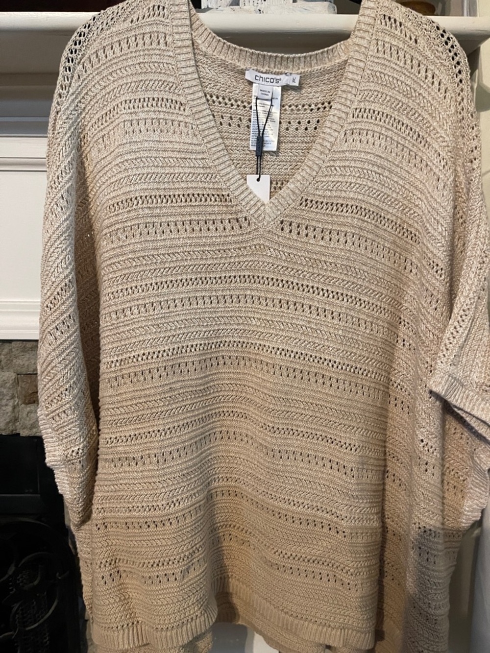 Chico's Beige Open-Knit V-Neck Sweater